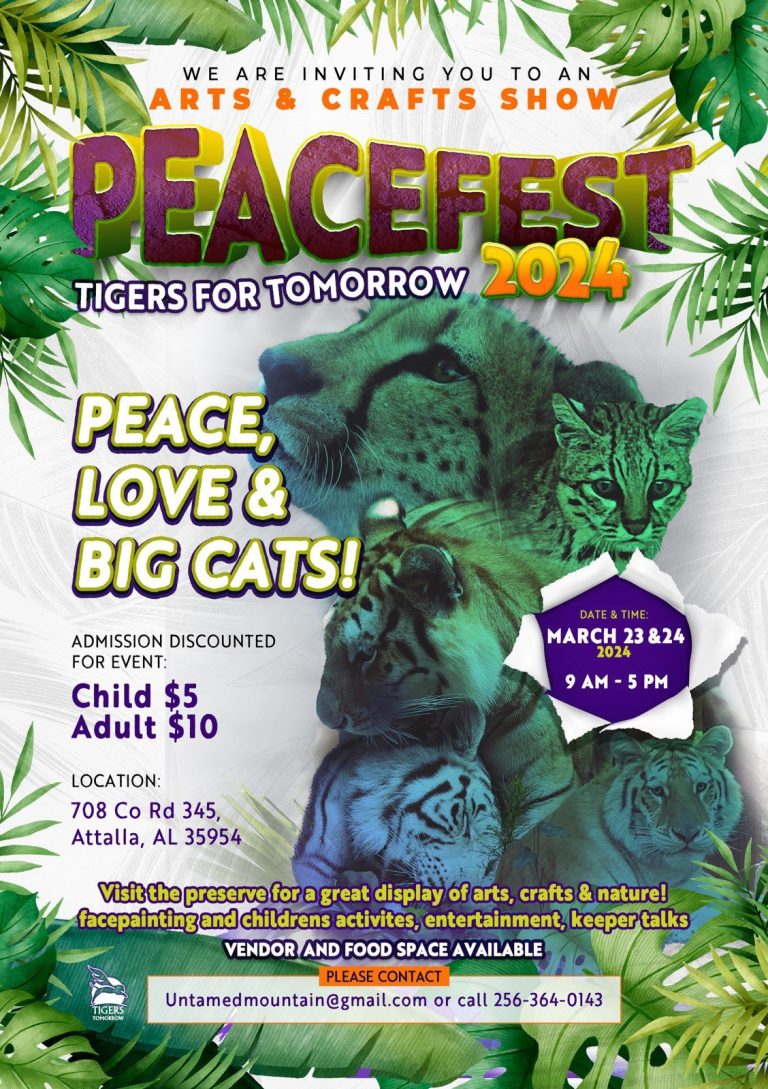 Tigers for Tomorrow invites you to their upcoming festival Peacefest 2024 (Peace, Love, and Big Cats) on March 23 and 24. Enjoy arts, crafts, food, and more. 